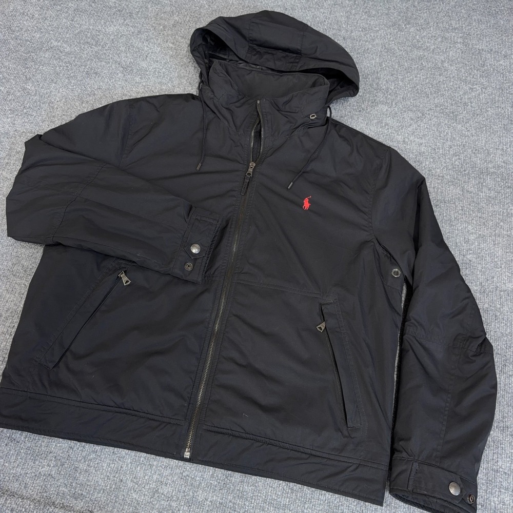 Polo Ralph Lauren Jacket Men Large Black Softshell Windbreaker Fleece Lined Hood